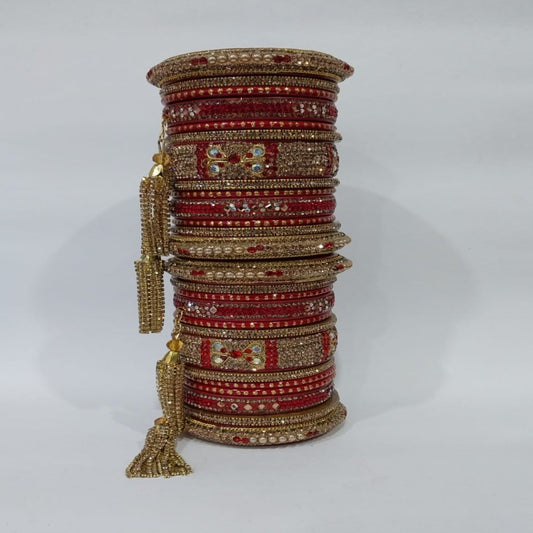 Bridal Red Lac Chura Set with Gold and Red Stones | 26 Bangles | Dangling Chains | for Women and Girls