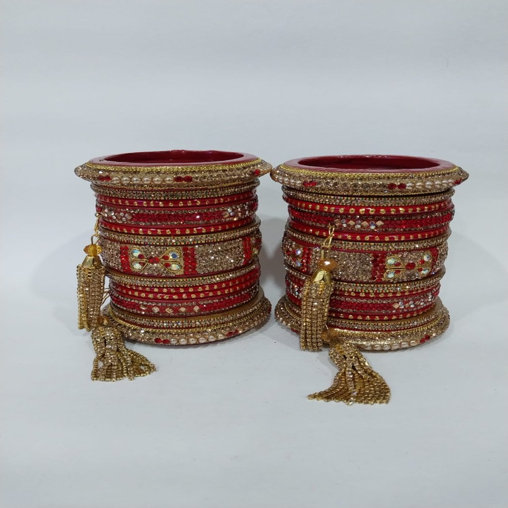 Bridal Red Lac Chura Set with Gold and Red Stones | 26 Bangles | Dangling Chains | for Women and Girls