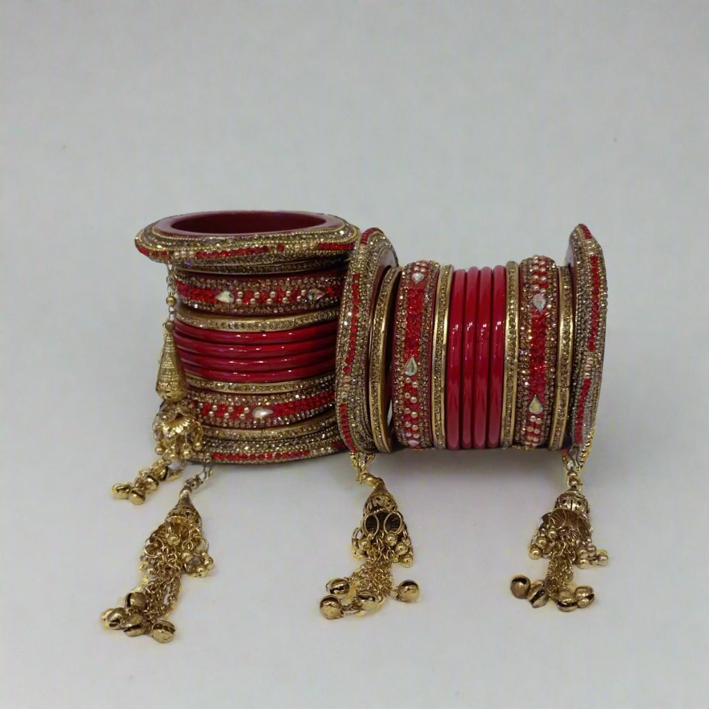 Small pearl Bridal Bangdi Red/Maroon Lac Chura Set with | 24 Bangles | Dangling Chain Structure | for Women and Girls