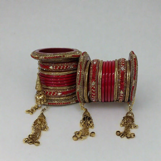 Small pearl Bridal Bangdi Red Lac Chura Set with | 24 Bangles | Dangling Chain Structure | for Women and Girls