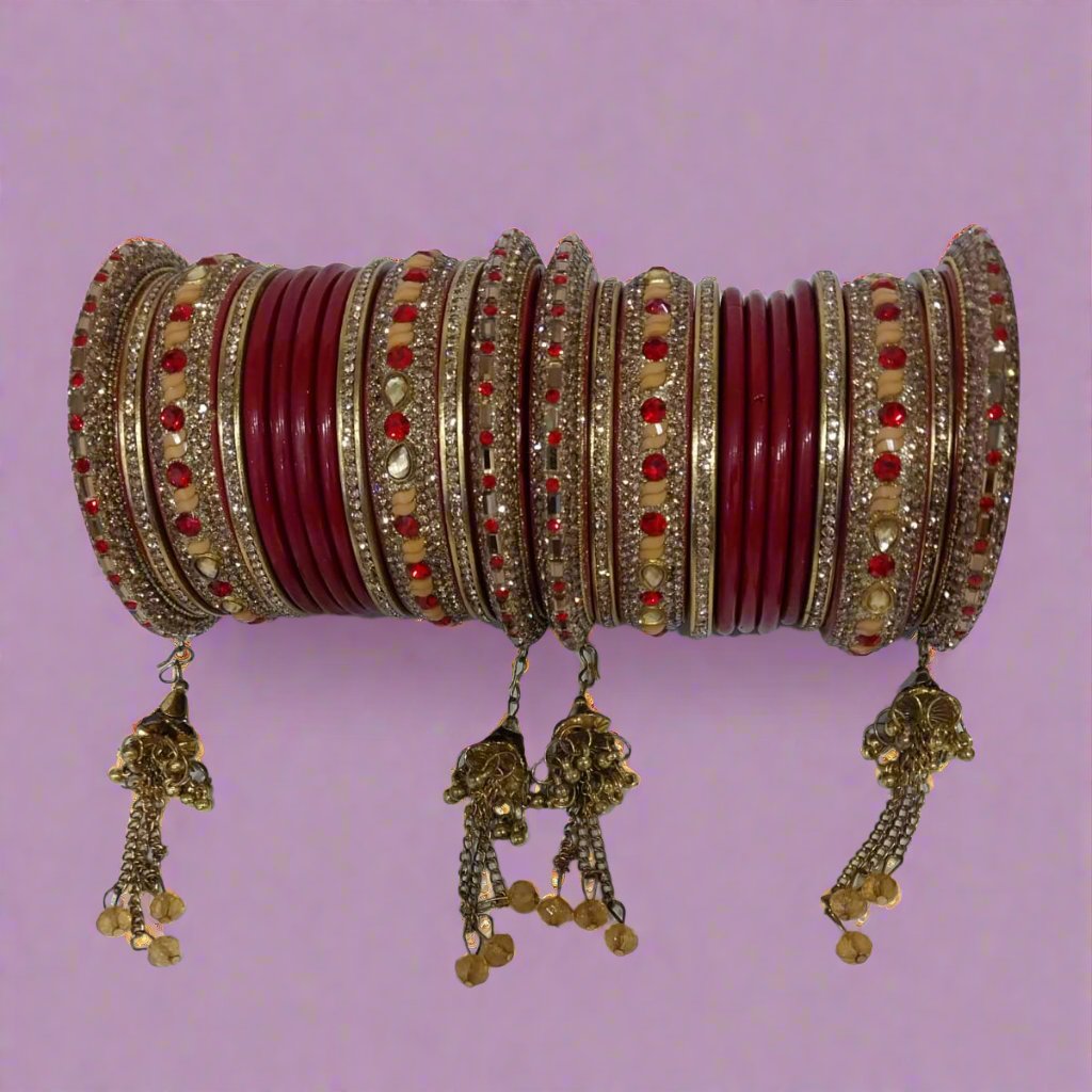 Bridal Maroon Lac Chura Set with Red and Yellow Stones and Floral Teardrop Arrangement | 24 Bangles | Dangling Chains | for Women and Girls