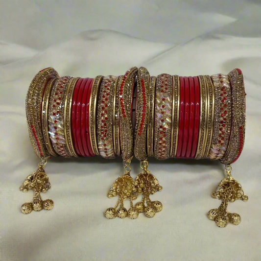 Teardrop Stone Bridal Bangdi Red Lac Chura Set with | 24 Bangles | Tri-layer Chain Structure | for Women and Girls