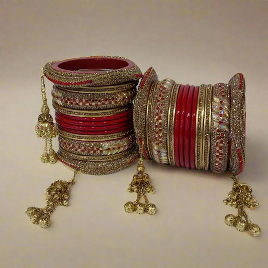 Teardrop Stone Bridal Bangdi Red Lac Chura Set with | 24 Bangles | Tri-layer Chain Structure | for Women and Girls