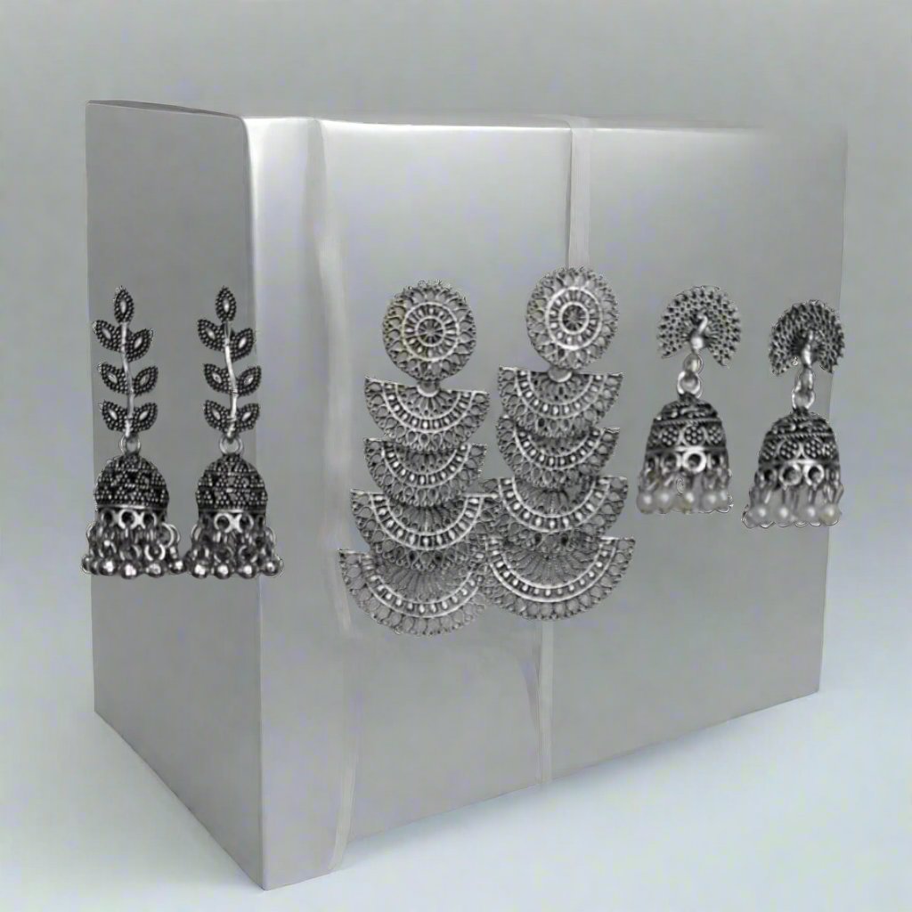 Combo of 3 Minimal Silver Oxidise earrings | Jhumki Combo Traditional Earrings | For Girls and Women