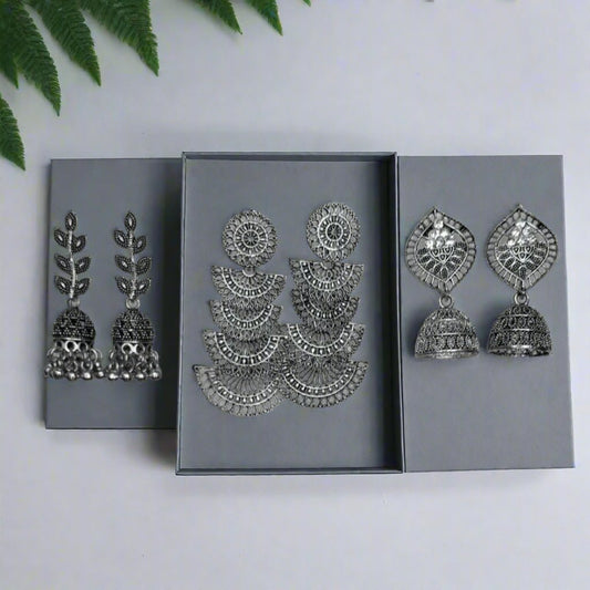 Combo of 3 Minimal Silver Oxidise earrings | Jhumki Combo Traditional Earrings | For Girls and Women