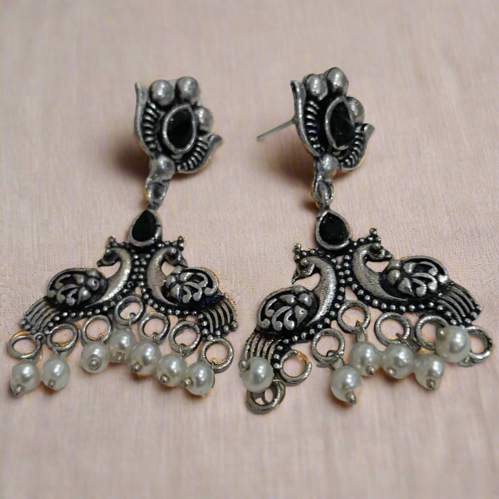 German silver Oxidise Peacock Lotus Traditional Earrings | For Girls and Women