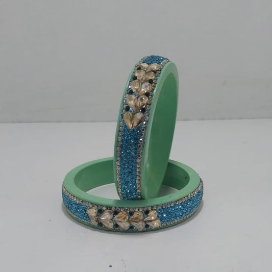 Sky Blue Colour Kundan Topaz Fitted Kada Latest Design Rajasthani Bangles | Set of 2 lakh Bangles | Traditional Kada | For Women and Girls