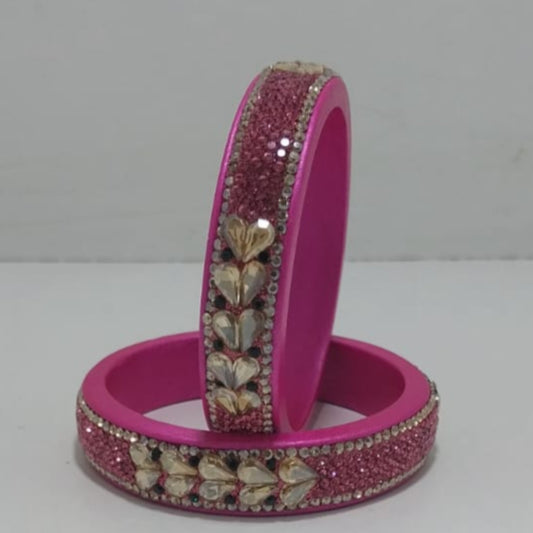 Pink Colour Kundan Topaz Fitted Kada Latest Design Rajasthani Bangles | Set of 2 lakh Bangles | Traditional Kada | For Women and Girls