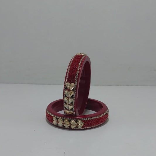 Red Colour Kundan Topaz Fitted Kada Latest Design Rajasthani Bangles | Set of 2 lakh Bangles | Traditional Kada | For Women and Girls