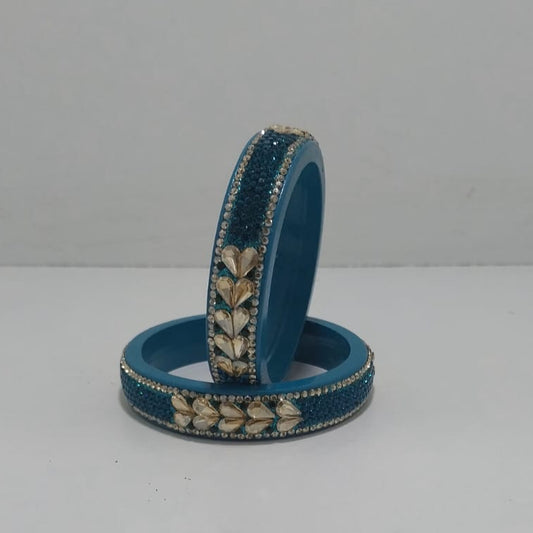 Traditional Firozi Colour Kundan Topaz Fitted Kada Latest Design Rajasthani Bangles | Set of 2 lakh Bangles | Traditional Kada | For Women and Girls