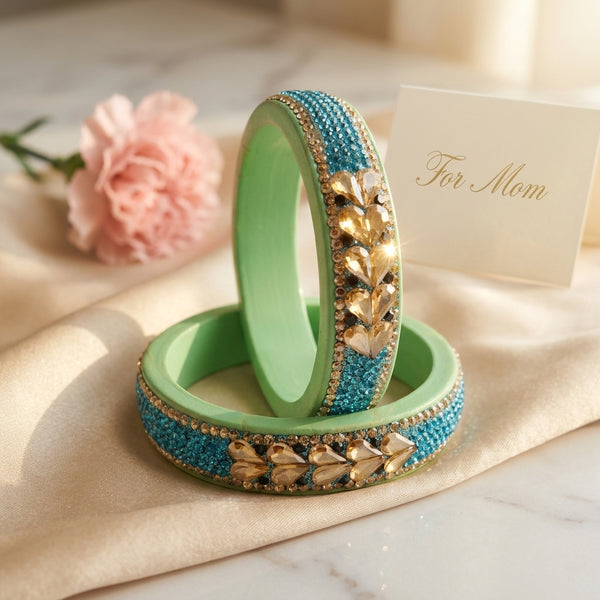 Sky Blue Colour Kundan Topaz Fitted Kada Latest Design Rajasthani Bangles | Set of 2 lakh Bangles | Traditional Kada | For Women and Girls