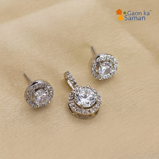 Big Silver Solitaire Pendant And Earring