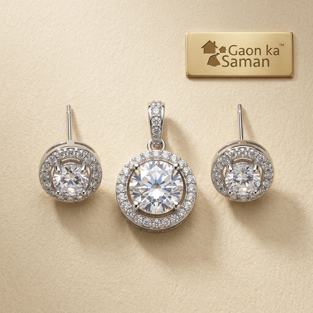 Big Silver Solitaire Pendant And Earring