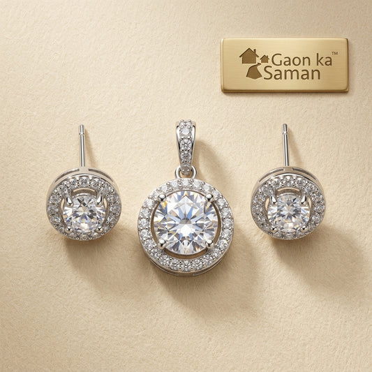 Big Silver Solitaire Pendant And Earring