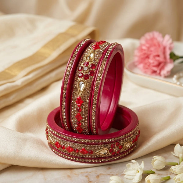 Pink Rajasthani Lac Kada/Bangles with Red Stones, Golden Teardrop Stones, and Rhinestones | Set of 6 | Traditional Bangles for Women and Girls