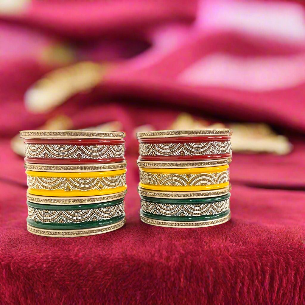 Red Yellow Green Semi-Bridal Lakh Bangles Set of 14 | Traditional Rajasthani Bangles | For Women and Girls