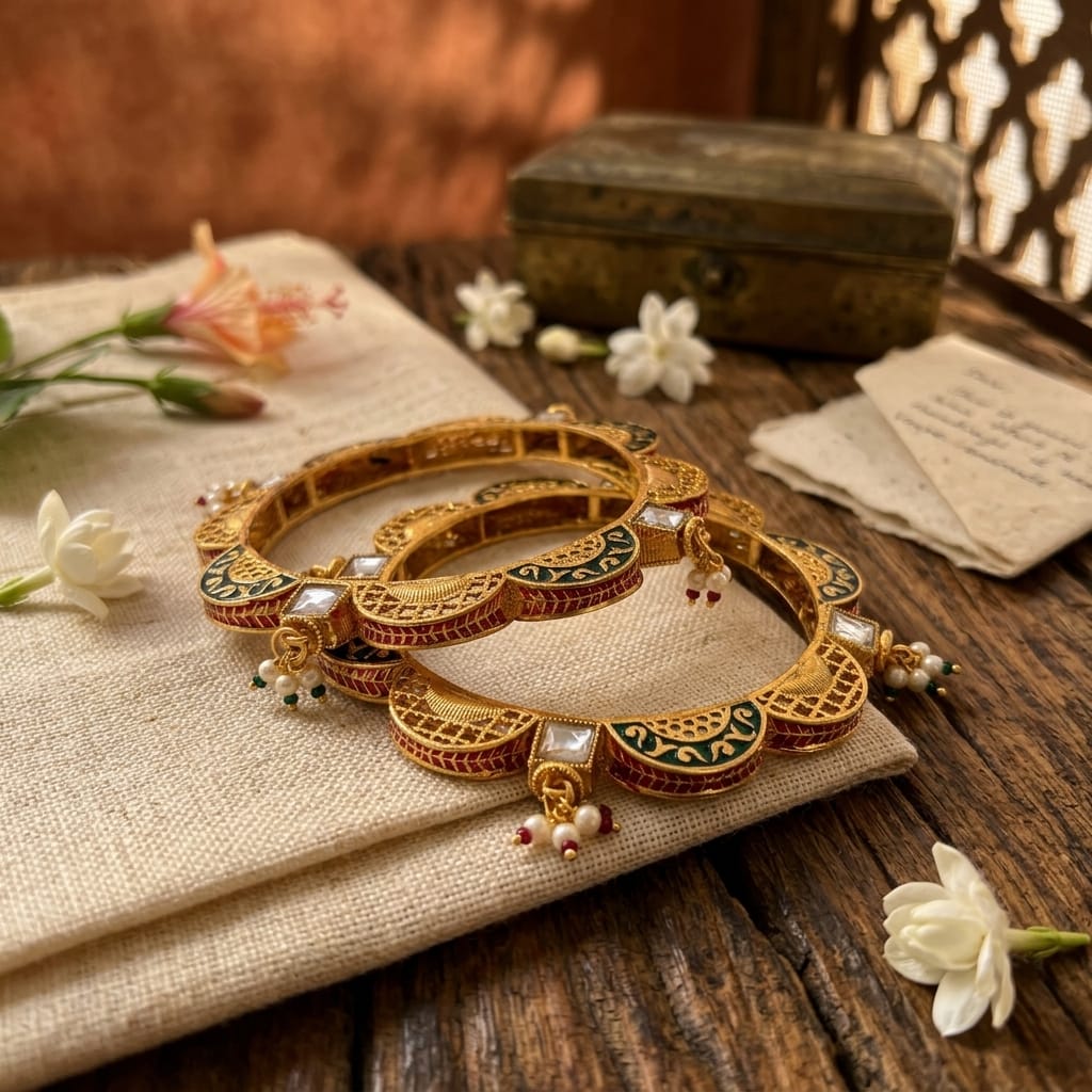 Karatcart Antique Gold-Plated Temple Bangles for Women - Set of 2