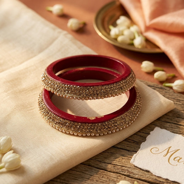 Maroon Lakh Bangdi Set with Golden Rhinestones | For Girls and Women.