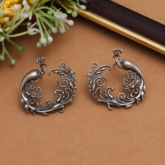 Peacock Inspired Silver Oxidised Stud Earrings | Earrings/Ethnic Studs| For Women & Girls.