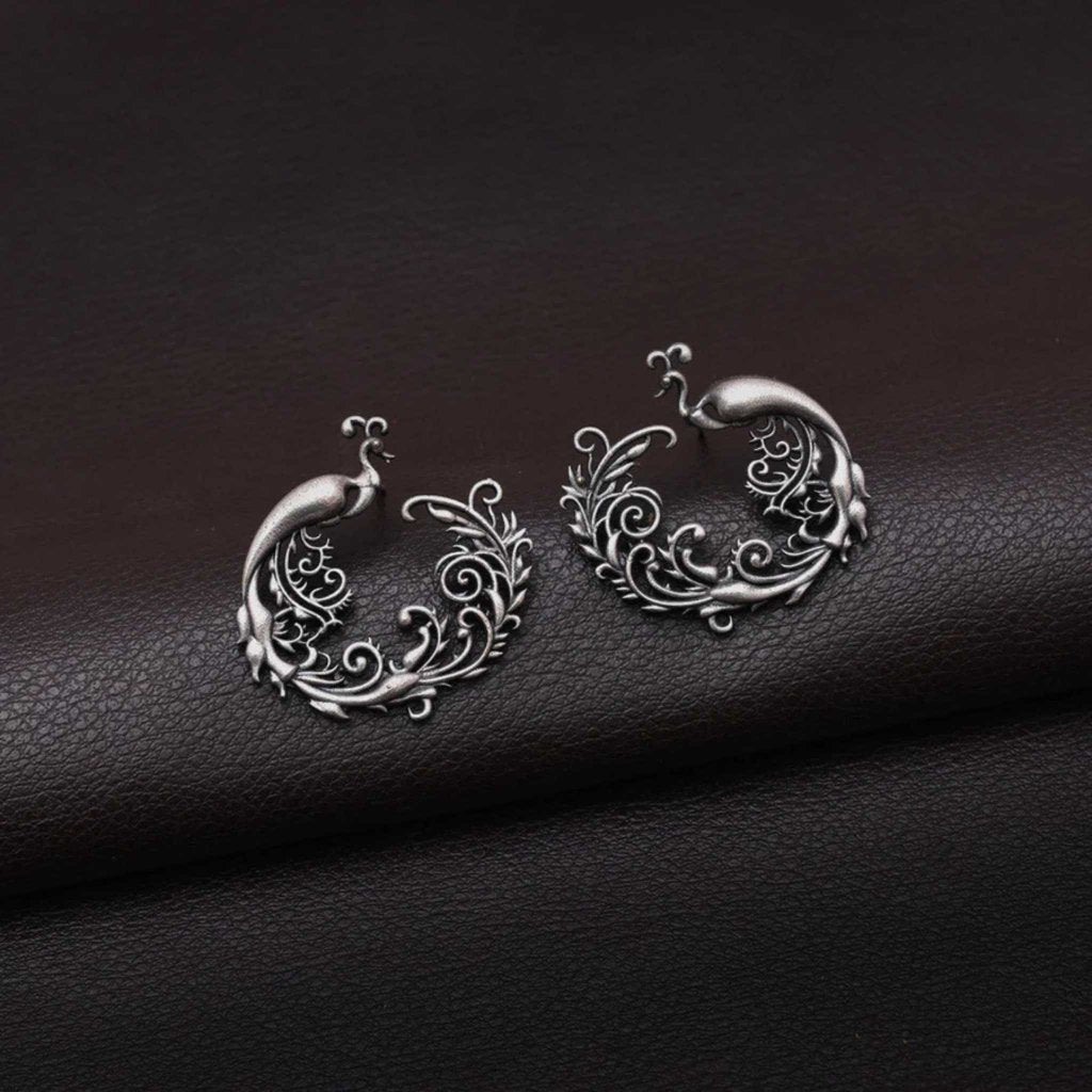 Peacock Inspired Silver Oxidised Stud Earrings | Earrings/Ethnic Studs| For Women & Girls.