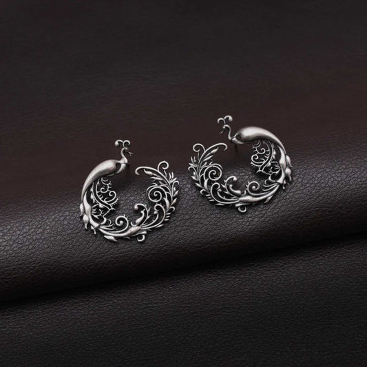 Peacock Inspired Silver Oxidised Stud Earrings | Earrings| Ethnic Studs| For Women & Girls.