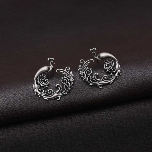 Peacock Inspired Silver Oxidised Stud Earrings | Earrings/Ethnic Studs| For Women & Girls.