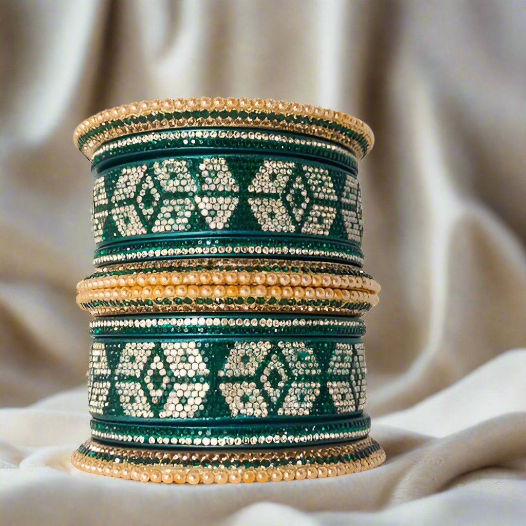 Graphic Design Bridal Green Lakh Bangles Set of 10 | Traditional Rajasthani Lakh Bangles | For Women and Girls