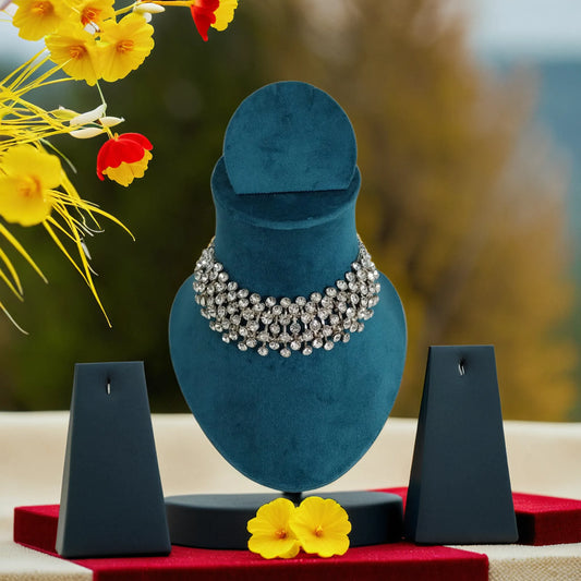 Dual Chain American Diamond | Oxidised silver Choker Set|Fancy Party wear | for Women & Girls.
