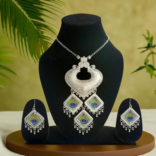 Meenakari Silver Oxidize Peacock Pendant Set | Traditional Ranihaar/Necklace/Pendant | for Girls and Women.