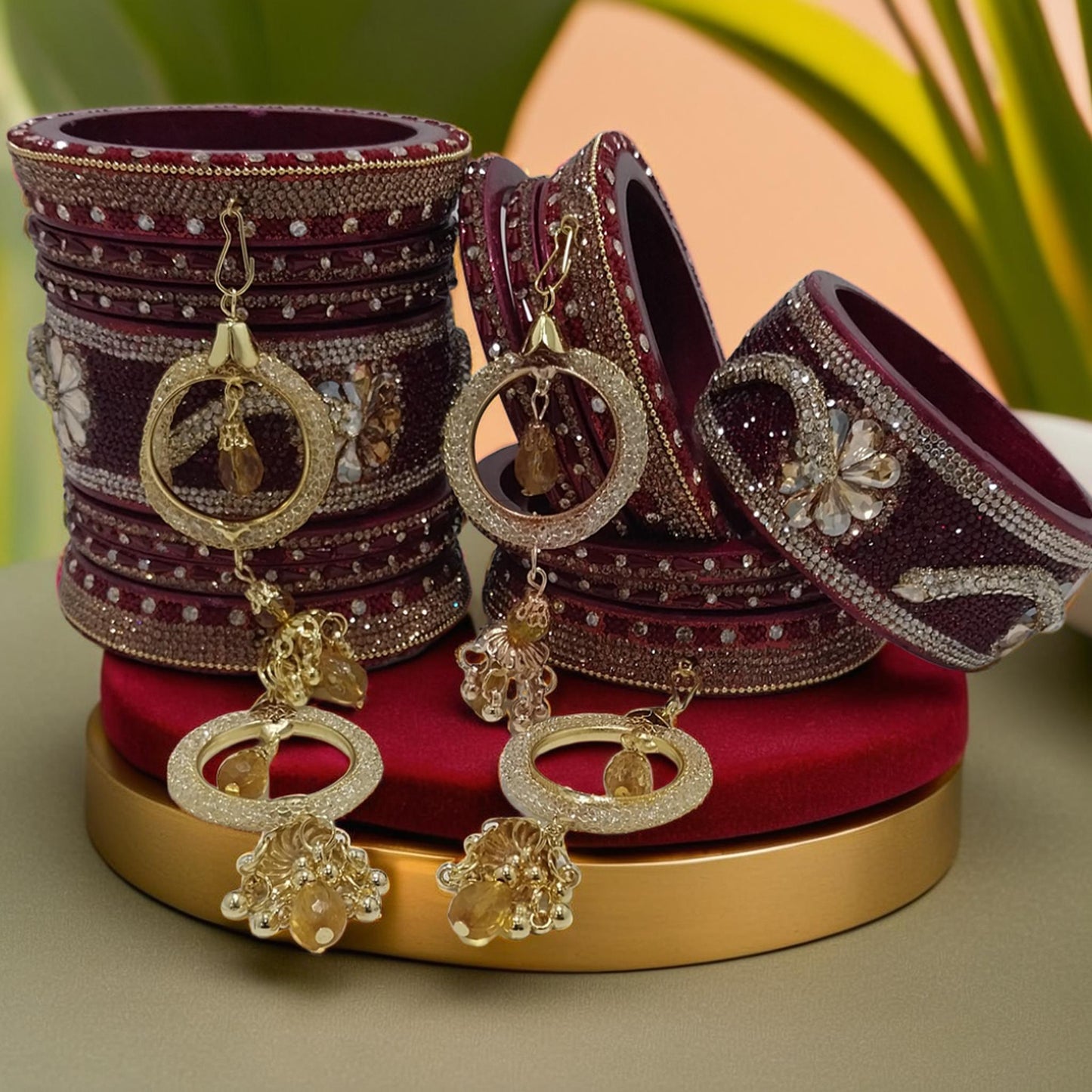 Grand Bridal Lac Bangles Set with Kundan & Hanging Rings |Set of 14 | For Girls and Women