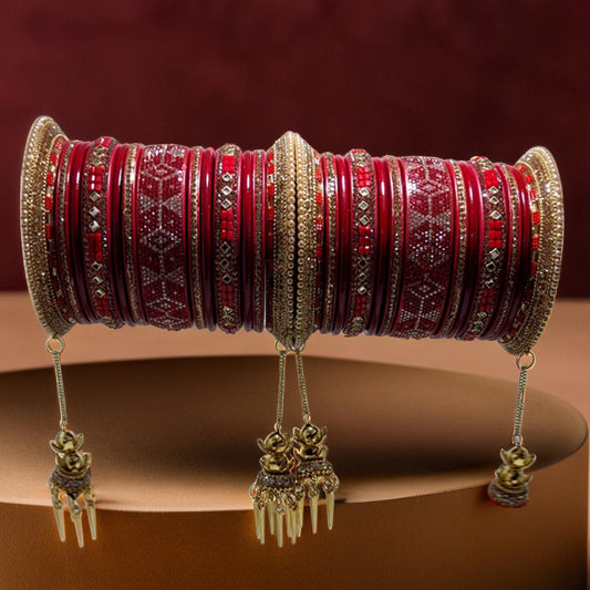 Elegant Bridal Lac Bangles with Gold Dangling Kalire | Set of 26 | For Girls and Women