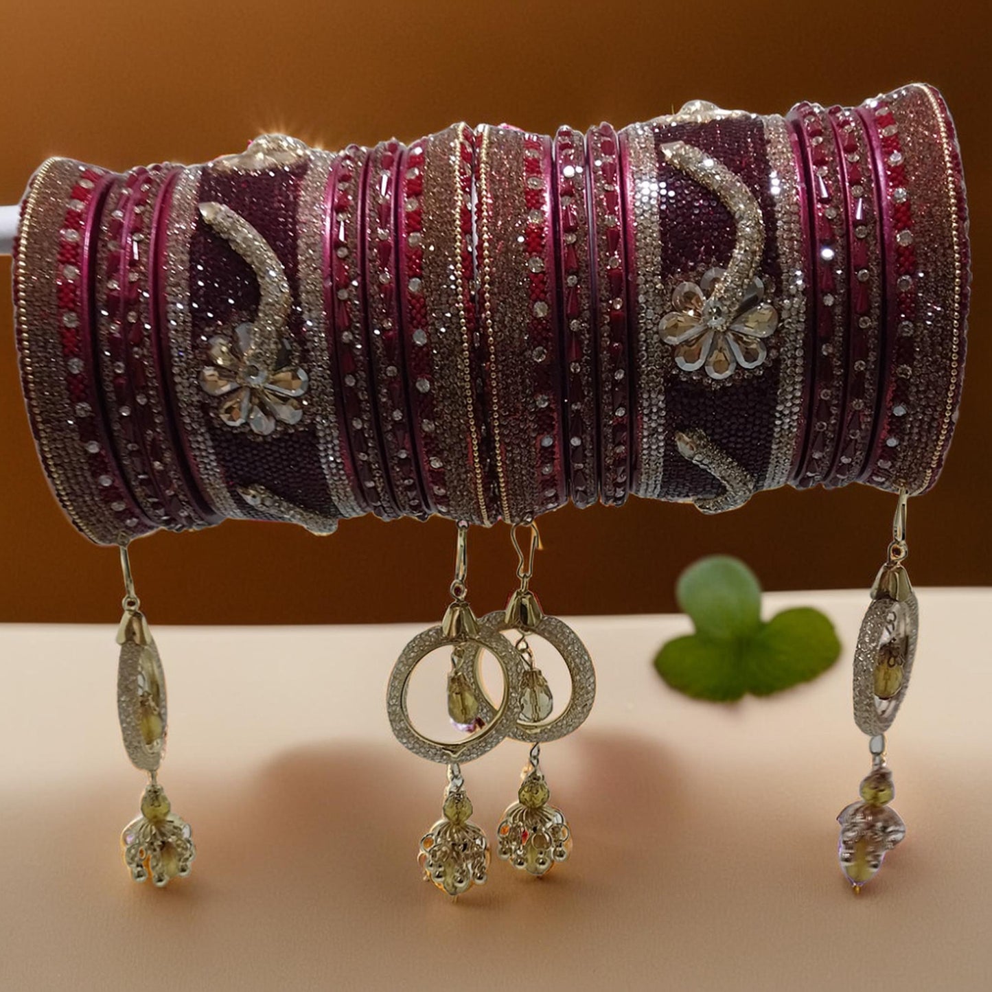 Grand Bridal Lac Bangles Set with Kundan & Hanging Rings |Set of 14 | For Girls and Women