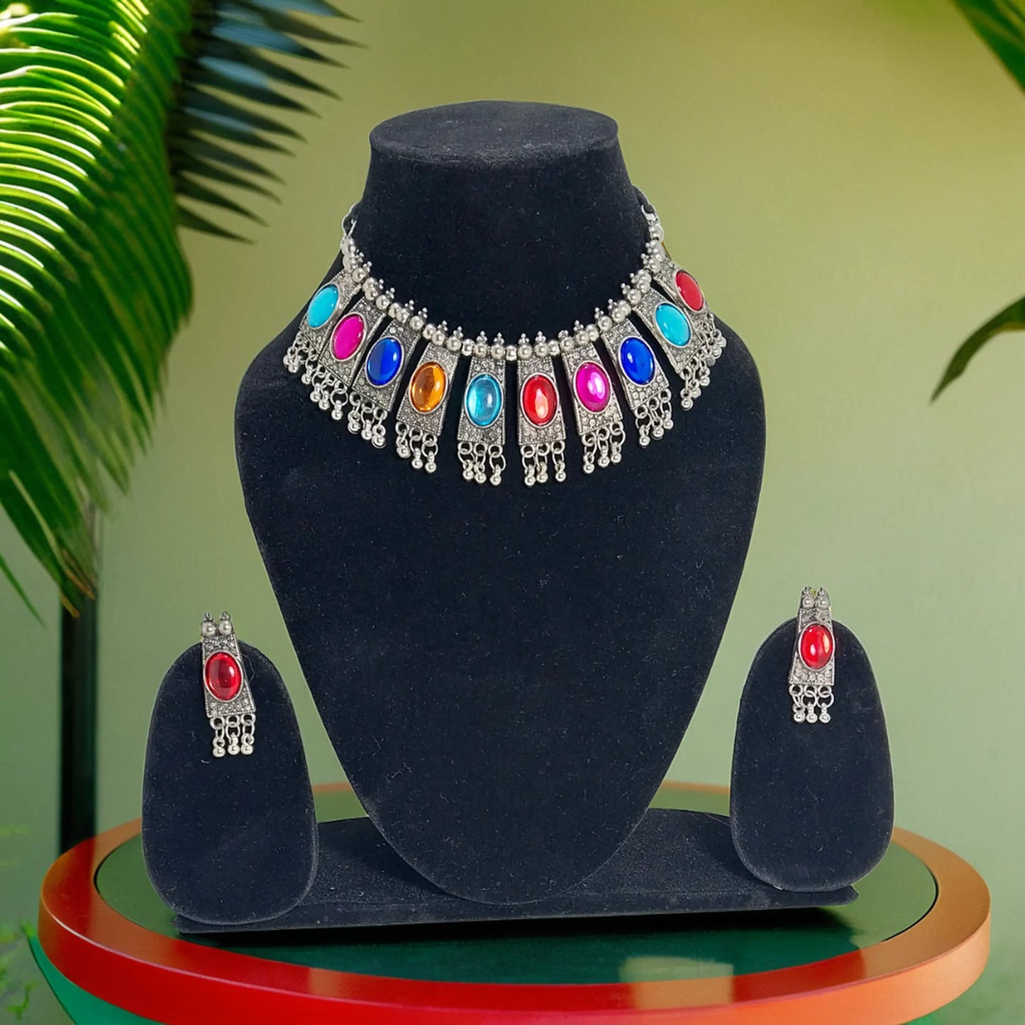 Festive Multicolored Gemstone Choker Necklace Set | For Girls and Women