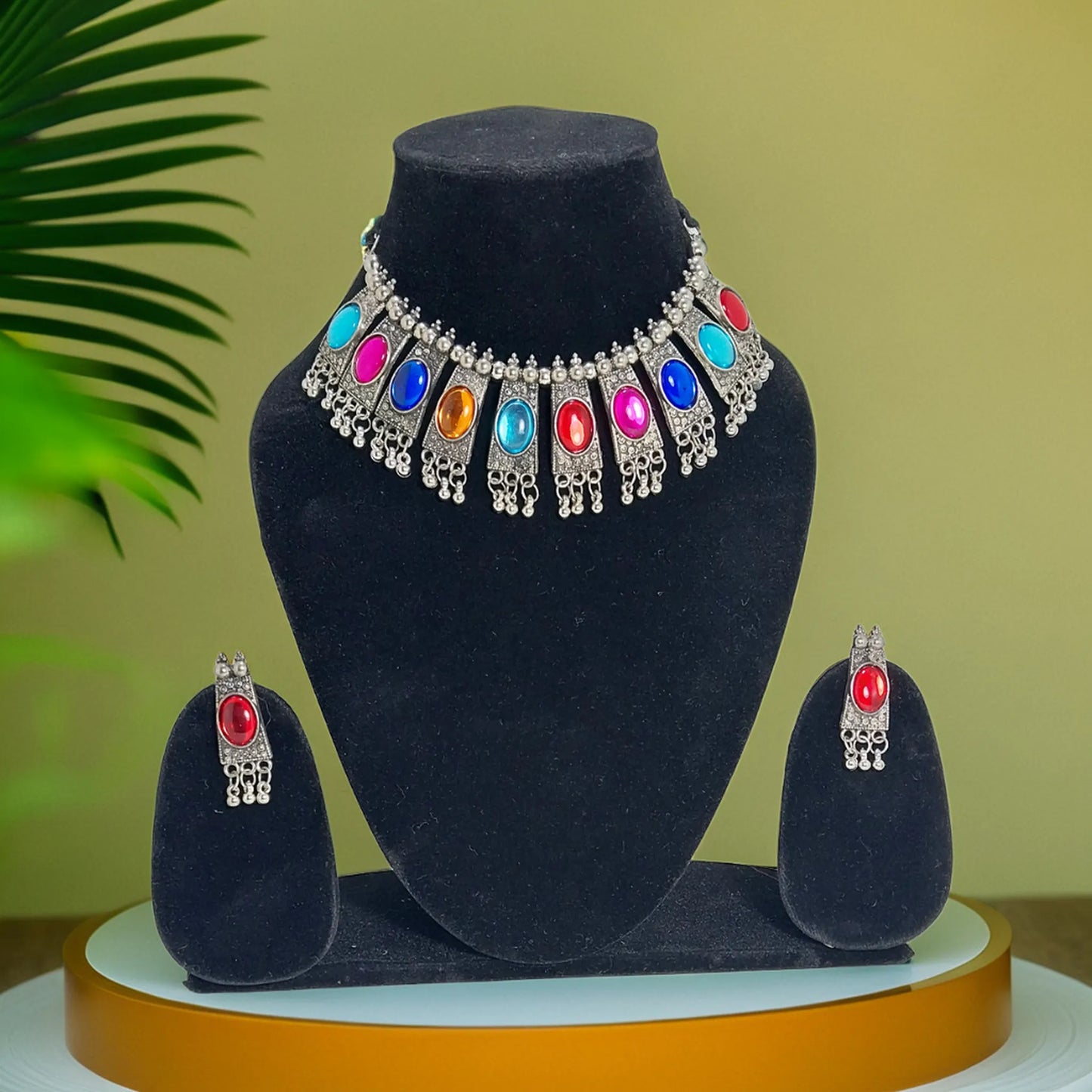 Festive Multicolored Gemstone Choker Necklace Set | For Girls and Women