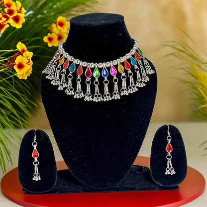 Tribal Boho-Multicolour mirror oxidised silver| Choker set| Traditional Handmade | for Women & Girls.