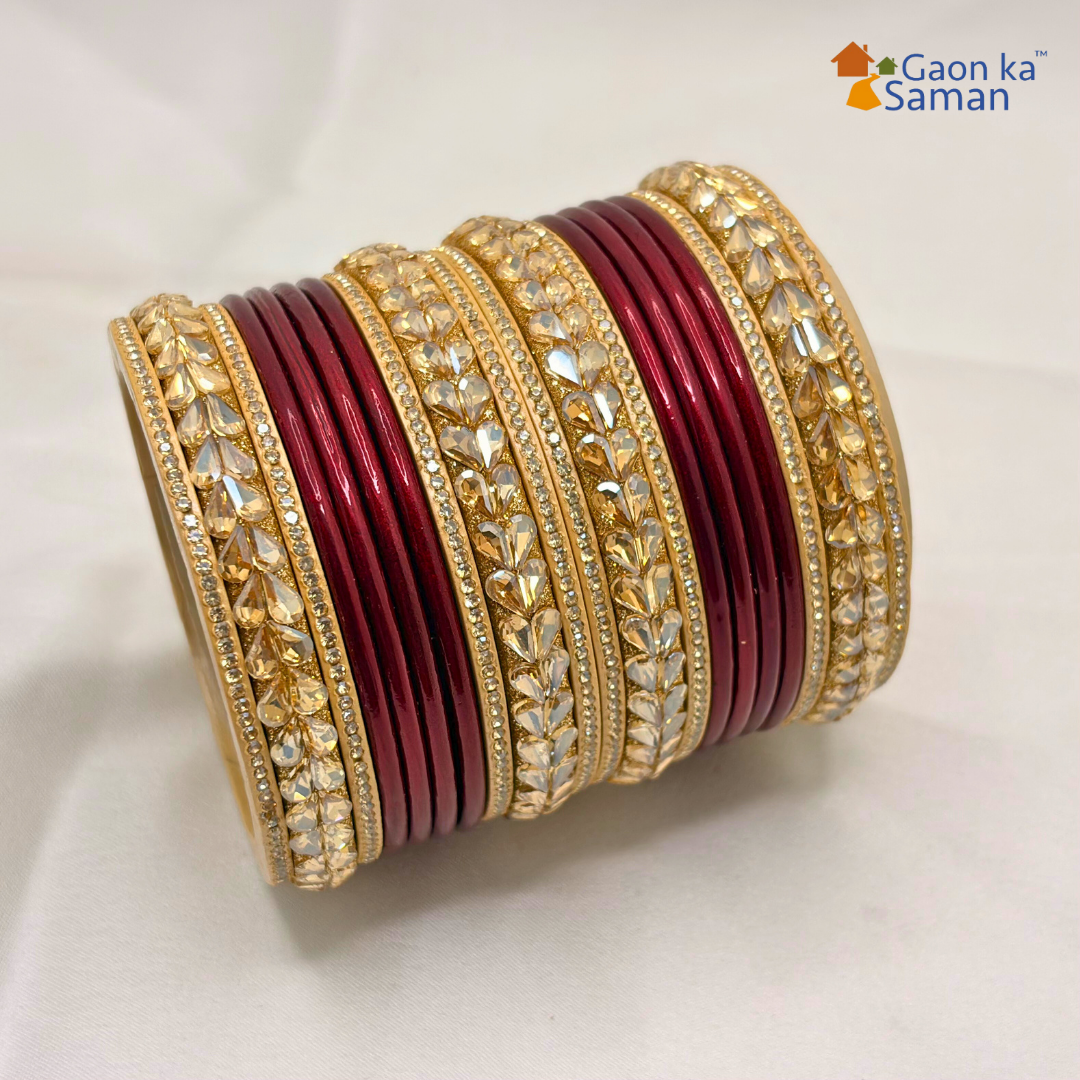 Karva Chauth Special Rajasthani Lac Bangles Set, Red and Cream Colour with Crystal Work, Traditional Lakh Chuda,20 Pieces