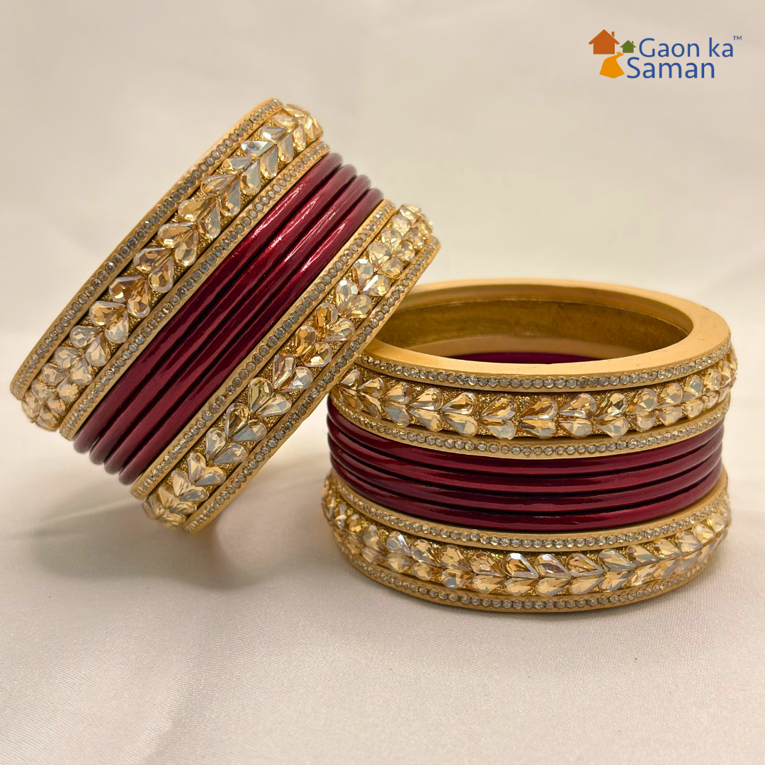 Karva Chauth Special Rajasthani Lac Bangles Set, Red and Cream Colour with Crystal Work, Traditional Lakh Chuda,20 Pieces