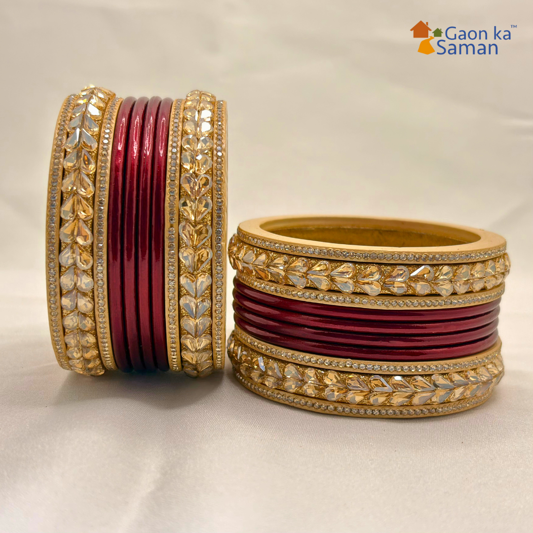 Karva Chauth Special Rajasthani Lac Bangles Set, Red and Cream Colour with Crystal Work, Traditional Lakh Chuda,20 Pieces