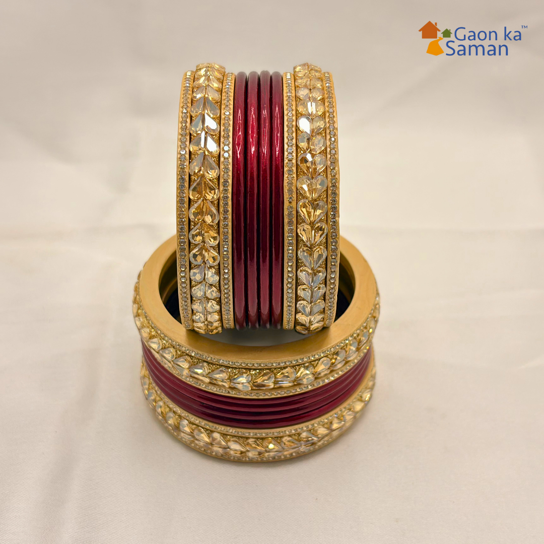 Karva Chauth Special Rajasthani Lac Bangles Set, Red and Cream Colour with Crystal Work, Traditional Lakh Chuda,20 Pieces