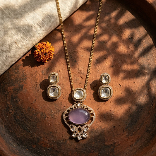 Purple Stone Gold Plated Pendant Necklace Set with Earrings for Women