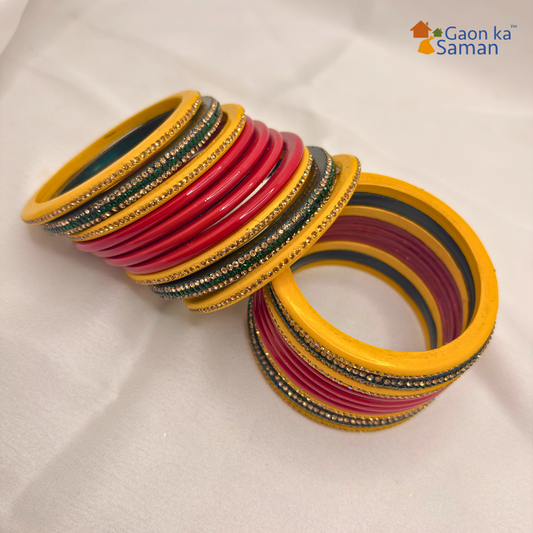 Karva Chauth Special Rajasthani Lac Bangles Set, Red Green and Yellow Colour with Crystal Work, Traditional Lakh Chuda, 20 Pieces