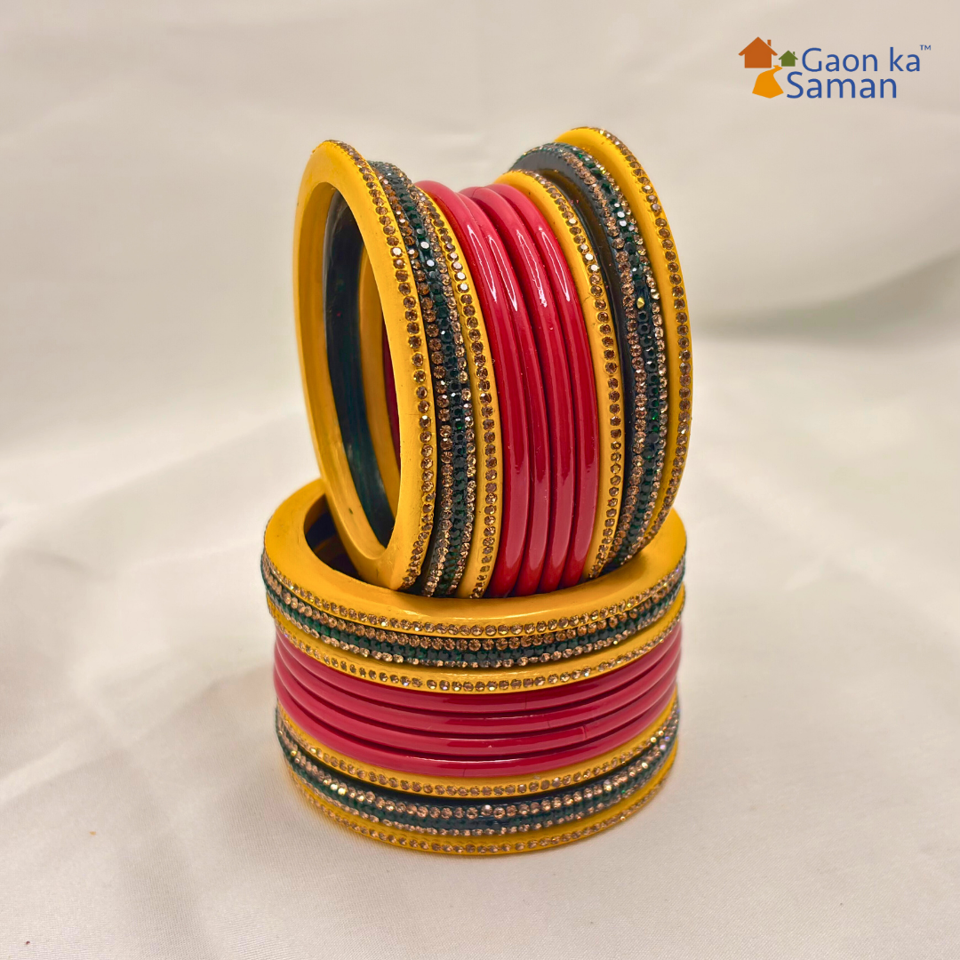 Karva Chauth Special Rajasthani Lac Bangles Set, Red Green and Yellow Colour with Crystal Work, Traditional Lakh Chuda, 20 Pieces