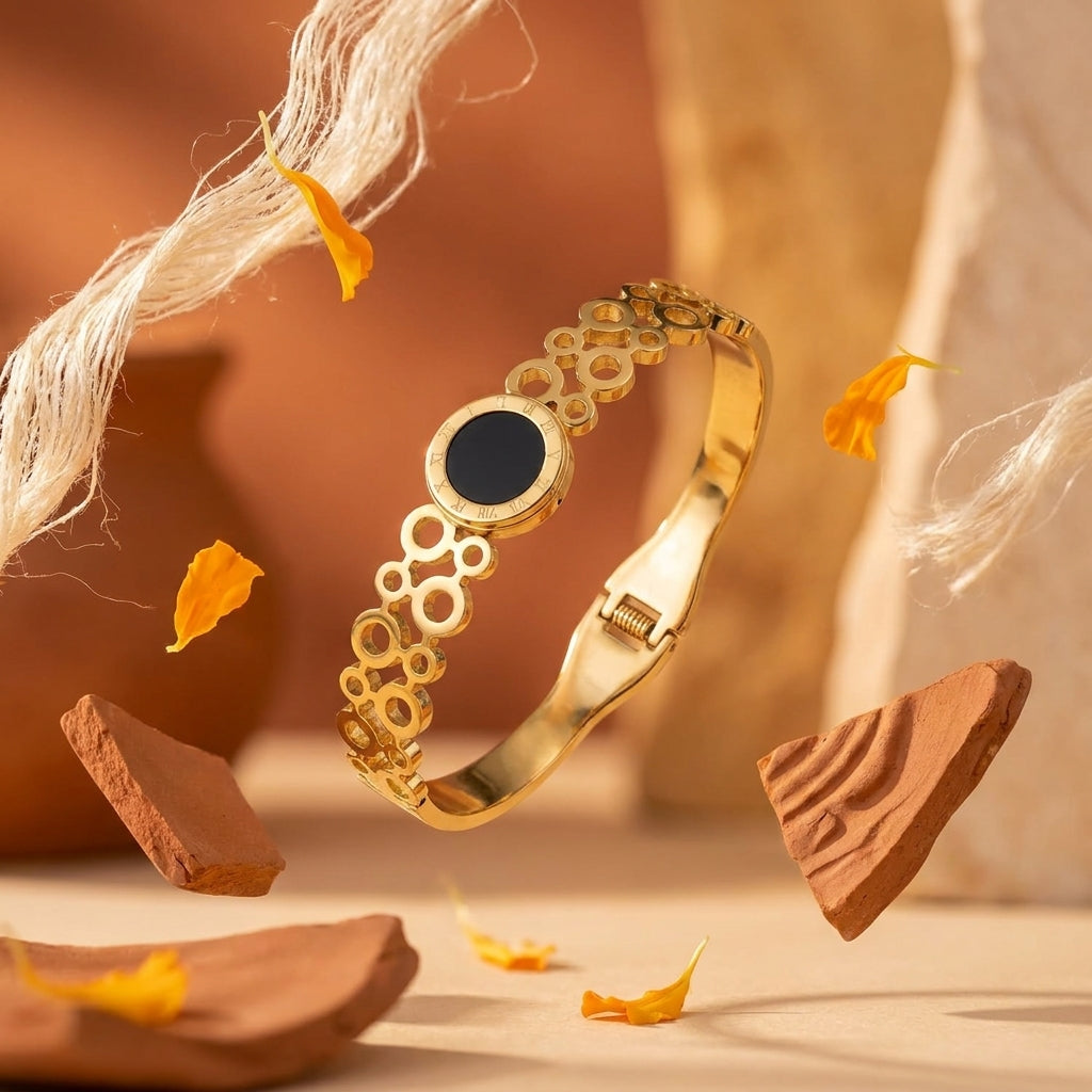 Gold Plated Elegant Open Cuff With Round Charm Anti-Tarnish Bracelet  (Free Size)