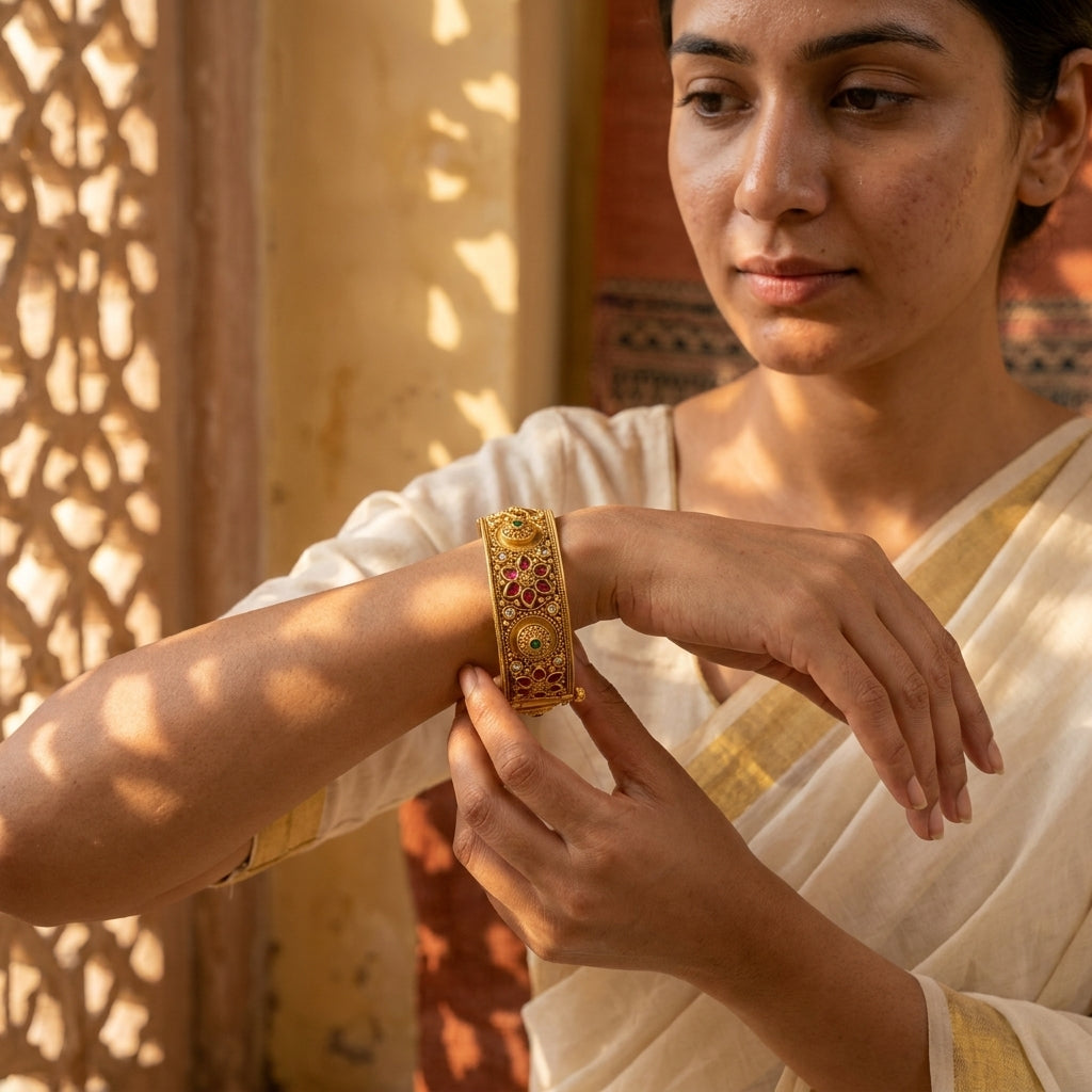 Gold Plated Rajwadi Kundan Openable Kada Bangles Set Of 2  (Free Size)