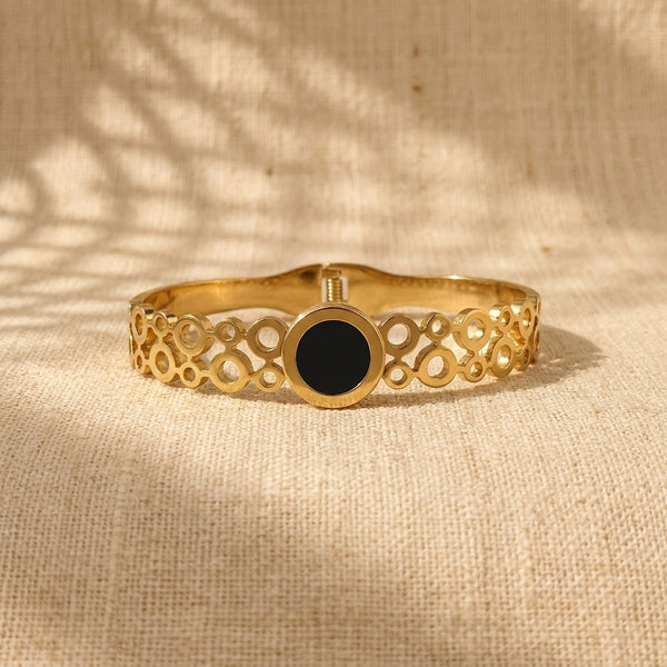 Gold Plated Elegant Open Cuff With Round Charm Anti-Tarnish Bracelet  (Free Size)