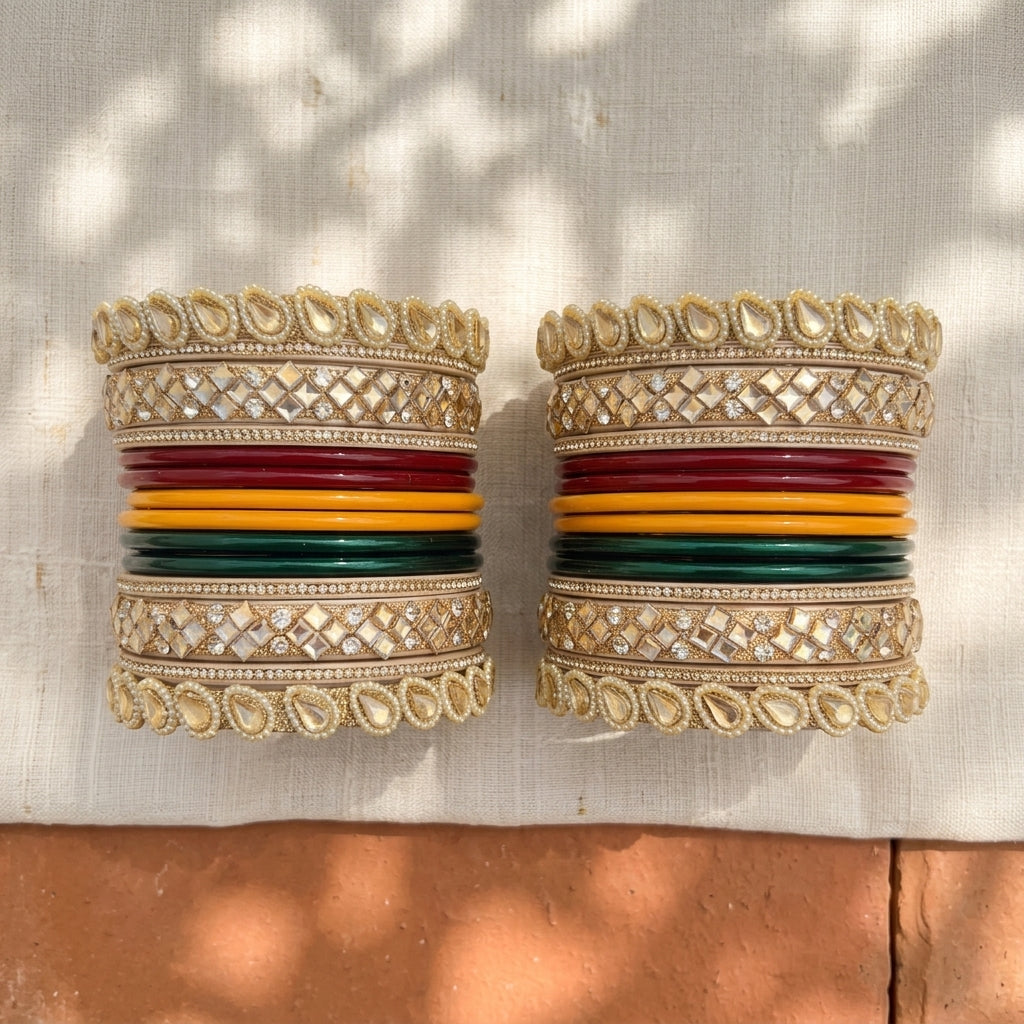 Rajasthani Rajwadi Bridal Lac Bangles Set With Beautiful Punjabi Look Design Red Green Yellow Colour (Pack of 28 )