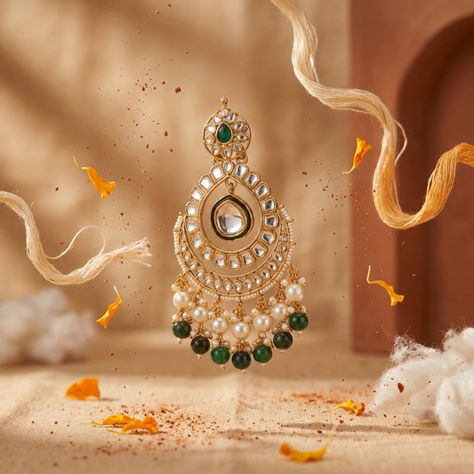 Beautiful Kundan Chand Bali Earrings Maroon colour & Green Colour