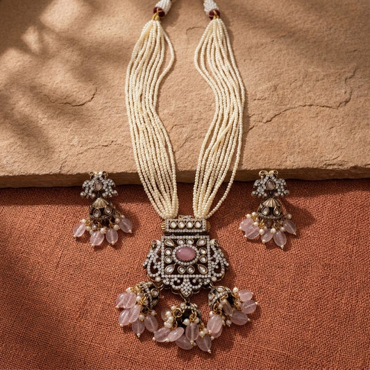 Traditional Pearl Kundan Necklace Set with Jhumka Earrings for Women