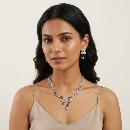 Purple Stone Silver Plated Designer Necklace Set with Earrings for Women