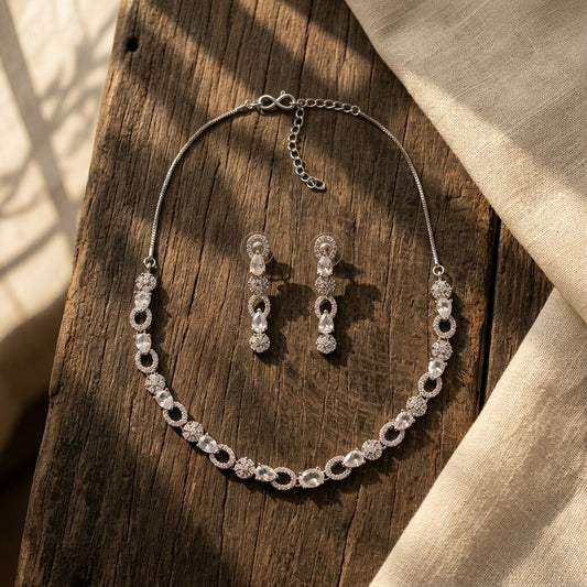 Silver Plated American Diamond Necklace Set with Drop Earrings for Women